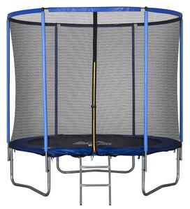 HOMCOM Dětský a Dospělácký Trampolína do Zahrady s Elastickou Podložkou a Ochrannou Sítí, Žebřík a Polstrované Okraje, Ø244x240cm, Modrá a Černá | Aos