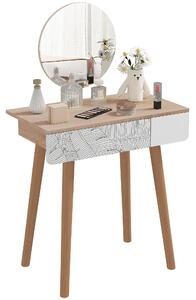 HOMCOM Toaletní stolek s kulatým zrcadlem Ф39cm, Toaletní stolek se zásuvkou s dekorací džungle, Bílý a dubový, 70x39x119-128cm | Aosom