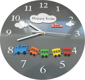 STYLESA - nástěnné hodiny pro děti vlak Rozměr Fi 30 cm OBLAK FLZ97 šedé