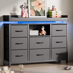 Komoda REMZETTA s 8 zásuvkami, 108 cm, LED komoda s 2 zásuvkami, USB a Type-C porty, zásuvky potažené látkou, kovový rám, černá barva, vhodná do ložnice a obývacího pokoje