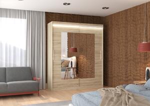 Šatní skříň se zrcadlem 180 cm a LED osvětlením BALIA - dub sonoma