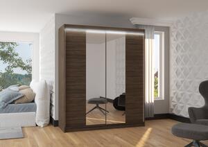 Šatní skříň se zrcadlem 180 cm a LED osvětlením DALRIS - tmavě hnědá