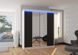 Šatní skříň se zrcadlem 180 cm a LED osvětlením DALRIS - bílá / černá