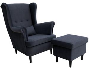 Křeslo ušák VISBY + taburet s úložným prostorem – masiv, látka, pet friendly, antracit