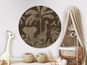 FUGU Kruhová tapeta Safari zvířata hnědá vintage – Monochrome Jungle Brown Vintage Rozměr: kruh 60 cm