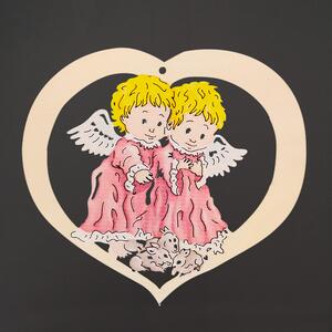 AMADEA Dřevěná dekorace srdce andělé, barevná dekorace k zavěšení, velikost 13 cm