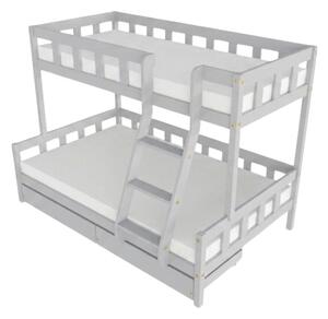 Patrová postel PLOTTY s předním žebříkem 90x200, 120x200 cm - Světle šedá, Zvolte šuplík: Dvojitý úložný šuplík, Zvolte stranu: Vpravo