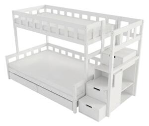 Patrová postel PLOTTY s úložnými schody 90x200, 120x200 cm - Bílá, Zvolte šuplík: Dvojitý úložný šuplík, Zvolte stranu: Vpravo
