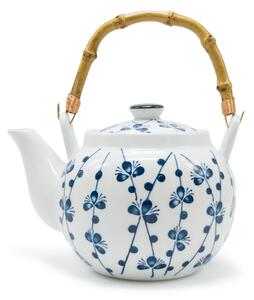 Porcelánová konvice Třešňové květy, 700 ml, bílá, motiv sakury, bambusové ucho, nerezové sítko