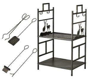 Outsunny Stojan na Dřevo s Nástroji do Krbu, Regál na Dřevo, Skladování Dřeva, Nástroje do Krbu Železo Černé+Zlaté 51,5x33x77 cm | Aosom