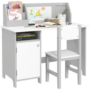 HOMCOM Dětská sada stolu a židle s tabulí, dřevěný studijní stůl pro děti od 5 let, dětský psací stůl 90x45x85 cm Šedý | Aosom