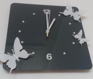 Moderní nástěnné hodiny z plastu-Motýli, Barva: šedá, bílá, Rozměr: 30x30 cm