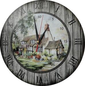 Nástěnné hodiny z dřeva - Chaloupka, kruh Fi: 30cm
