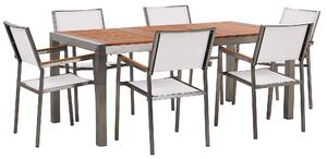 Zahradní eukalyptový dřevěný stůl a 6 bílých židlí GROSSETO