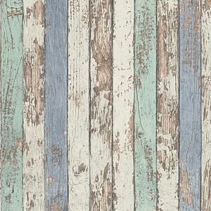 Vliesové tapety na zeď Wood´n Stone 95914-1, dřevěné latě zelené, modré, bílé, rozměr 10,05 m x 0,53 m, A.S.Création
