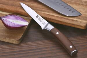 Nůž na loupání z nerezové oceli a bukového dřeva Bergner / 8,75 cm / ergonomická rukojeť / stříbrná / hnědá