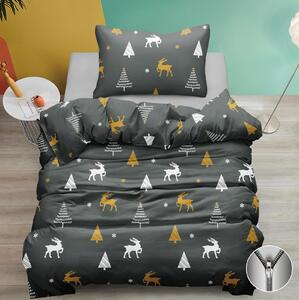 Bavlněné povlečení 140×200 + 70×90 – šedé s vánočním motivem sobů a stromků, zimní design, zip