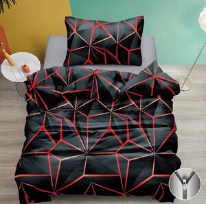 Bavlněné povlečení 140×200 + 70×90 – černé s červeným geometrickým vzorem, moderní design, zip