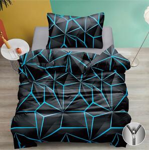 Bavlněné povlečení 140×200 + 70×90 – černé s modrým geometrickým vzorem, moderní styl, zip