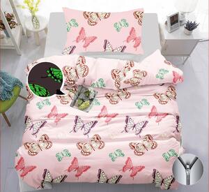 Luxusní bavlněné povlečení – Pink Butterfly svítící ve tmě | Růžové motýly, prodyšná bavlna, ZIP – 140x200 cm