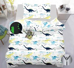 Dětské bavlněné povlečení Dinosaur světélkující ve tmě | Bílý dinosauří motiv, ZIP, měkké & prodyšné 140x200 cm