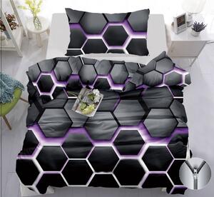 Bavlněné povlečení hexagon – černo-fialové | Moderní 3D design, příjemné a prodyšné, zip – 140x200 cm