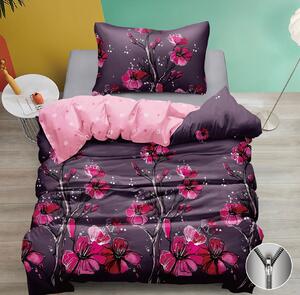 Romantické fialové bavlněné povlečení s růžovými květy | Květinový design, zip 140x200 cm