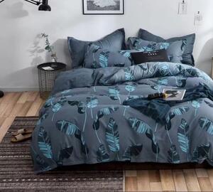 Moderní šedé bavlněné povlečení s modrými listy | Stylový botanický design, zip 140x200 cm
