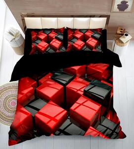 7dílné bavlněné povlečení na 2 postele 140×200/70×90 – 3D kostky červeno-černé + prostěradlo zdarma | 100% bavlna, zapínání na knoflíky