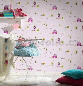 Dětské vliesové tapety na zeď Little Stars 35852-1, rozměr 10,05 m x 0,53 m, princezna a žabka na růžovém podkladu, A.S.Création
