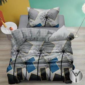 Bavlněné povlečení s motivem pampelišky – šedo-modrý geometrický vzor, 2dílná sada 140×200 / 70×90 cm, zip