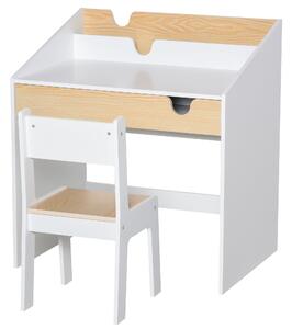 Dětský stůl s židlí HOMCOM pro děti ve věku 3-6 let, 2 v 1, set 2 kusů se šuplíkem a knihovnou 70x50x75 cm, bílá a přírodní | Aosom