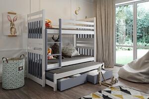 Dětská patrová postel z masivu borovice SAMBOR s přistýlkou a šuplíky - 200x90 cm - bílá/šedá