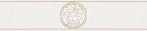 Vliesové bordury na zeď Versace III 93522-3, rozměr 5 m x 13 cm, hlava medúzy zlato-bílá s řeckým klíčem, A.S. Création