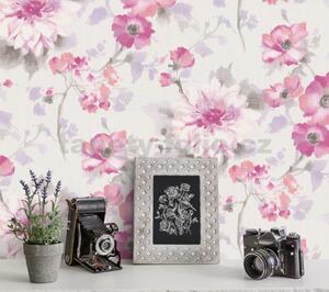 Vliesové tapety na zeď G.M.K. Fashion For Walls 10051-05, rozměr 10,05 m x 0,53 m, květy růžovo-fialové na bílém podkladu, Erismann