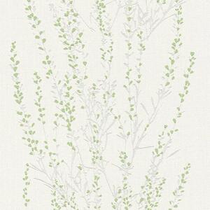 Vliesové tapety na zeď Blooming 37267-2, rozměr 10,05 m x 0,53 m, větvičky stříbrné se zelenými lístky, A.S. CRÉATION
