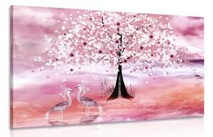 Obraz volavky pod magickým stromem v růžovém provedení - 90x60 cm