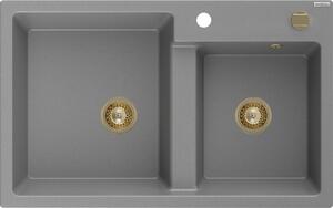 MEXEN/S - Tomas granitový dřez 2-bowl 800x500 mm, šedá, + zlatý sifon 6516802000-71-G