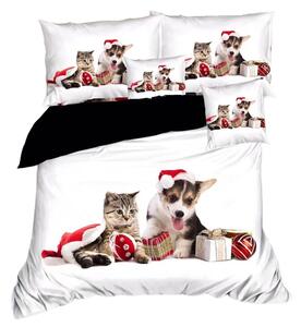 Bavlissimo 7-dílné povlečení vánoční pes a kočka 3 D bílá 140x200 na dvě postele