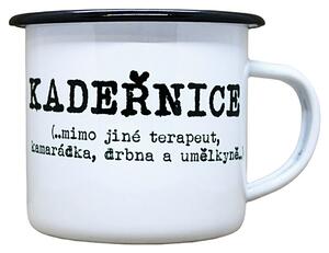 Smaltovaný hrneček plecháček s potiskem kadeřnice, 330 ml