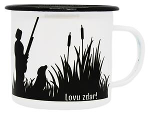 Smaltovaný hrnek plecháček s potiskem Lovu zdar, 330 ml