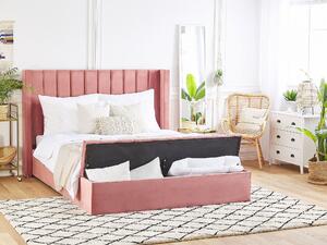 Čalouněná sametová postel růžová s úložným prostorem 160 x 200 cm NOYERS