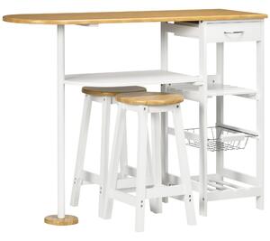 HOMCOM Set barového stolu s 1 zásuvkou, 2 policemi, odnímatelným košíkem a regálem na víno, výška stolu 119x38.5x88.5 cm a 2 stoličky 29x29x55 cm pro