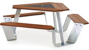 Extremis Jídelní stůl s integrovanou lavicí Anker, Extremis, 217x74 cm, rám galvanizovaná ocel, středová deska lakovaná ocel barva bílá (RAL 9016), deska a sedací část tepelně upravené dřevo hellwood