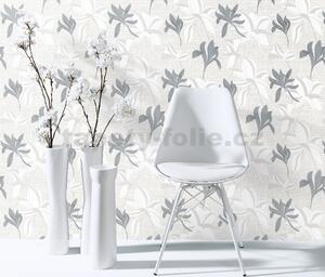 Vliesové tapety na zeď Luna2 10241-10, rozměr 10,05 m x 0,53 m, květy stříbrno-bílé na textilním podkladu se stříbrnou nití, Erismann