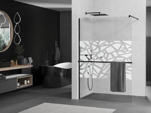 Mexen Kioto+, sprchová zástěna s poličkou a držákem na ručníky 70 x 200 cm, 8mm čiré sklo vzor bílý, černý profil, 800-070-121-70-85