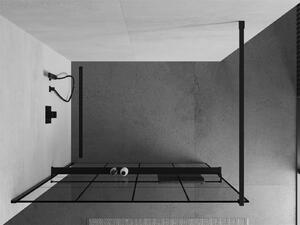 Mexen Kioto+, sprchová zástěna s poličkou a držákem na ručníky 130 x 200 cm, 8mm sklo čiré sklo vzor černý, černý profil, 800-130-121-70-77