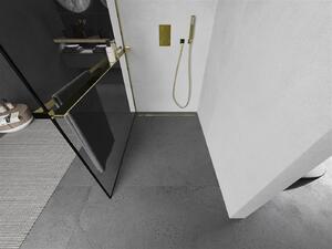 Mexen Kioto+, sprchová zástěna s poličkou a držákem na ručníky 130 x 200 cm, 8mm čiré sklo vzor černý rám, zlatý profil, 800-130-121-50-70