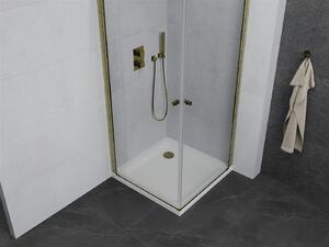 Mexen Pretoria Duo, sprchový kout s 2-křídlými dveřmi 80 (dveře) x 80 (dveře) cm, 6mm čiré sklo, zlatý profil + sprchová vanička, 852-080-080-50-02-4010G