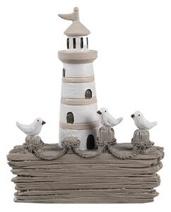 Dekorace bílý majáček se třemi racky na vyplaveném dřevě – 10x4x12 cm